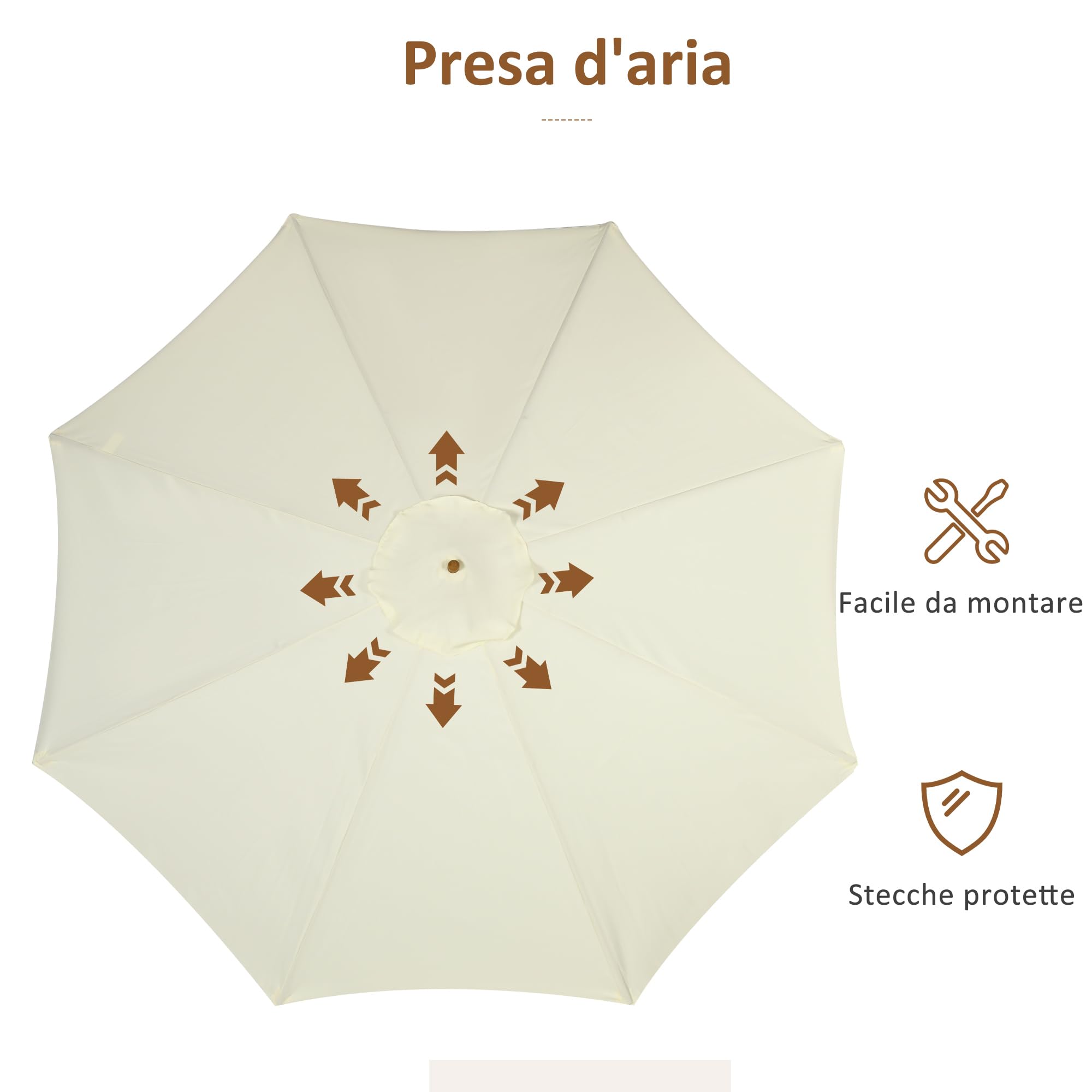 Outsunny Ombrellone da Giardino Ø3.25m con Corde, Apertura Regolabile e Prese d'Aria, Ombrellone da Esterno con 8 Stecche in Legno, Bambù e Poliestere 180g/㎡, per Cortile, Terrazza e Balcone