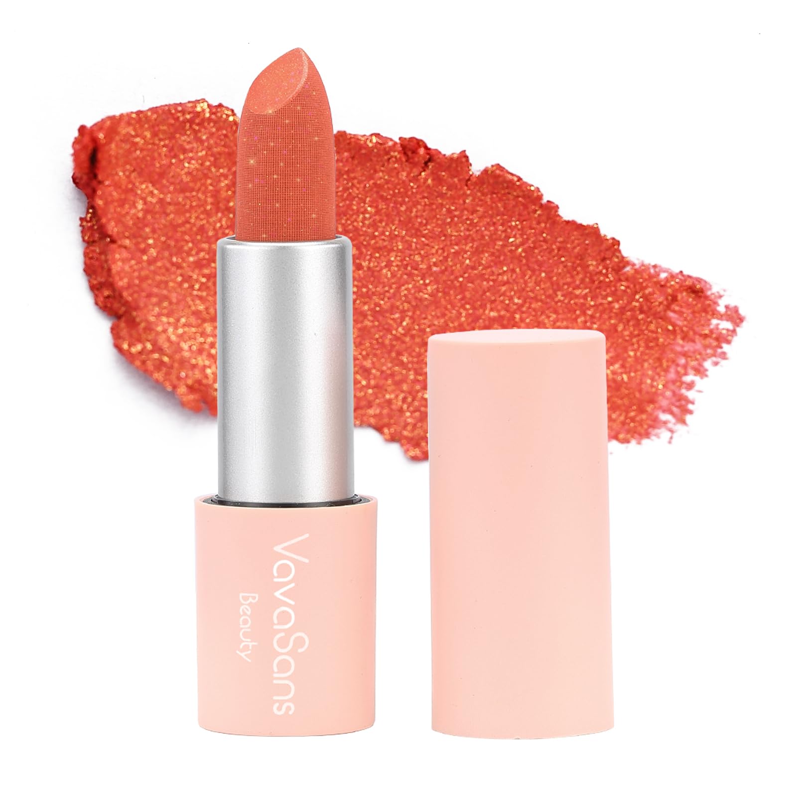 VavaSans Vegan Glitter Lipstick Coral Bouquet Shimmer Metallic Sparkling Pink Peach Shade Long Lasting Waterproof Non-Sticky Formula Diamond Shiny