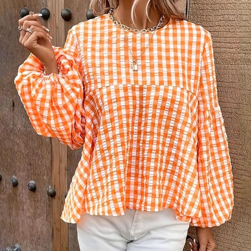 Tops for Women Trendy Fall Crewneck Long Lantern Sleeve Plaid Print Tunic Blouse Loose Flowy Dressy Casual Cute Shirt2