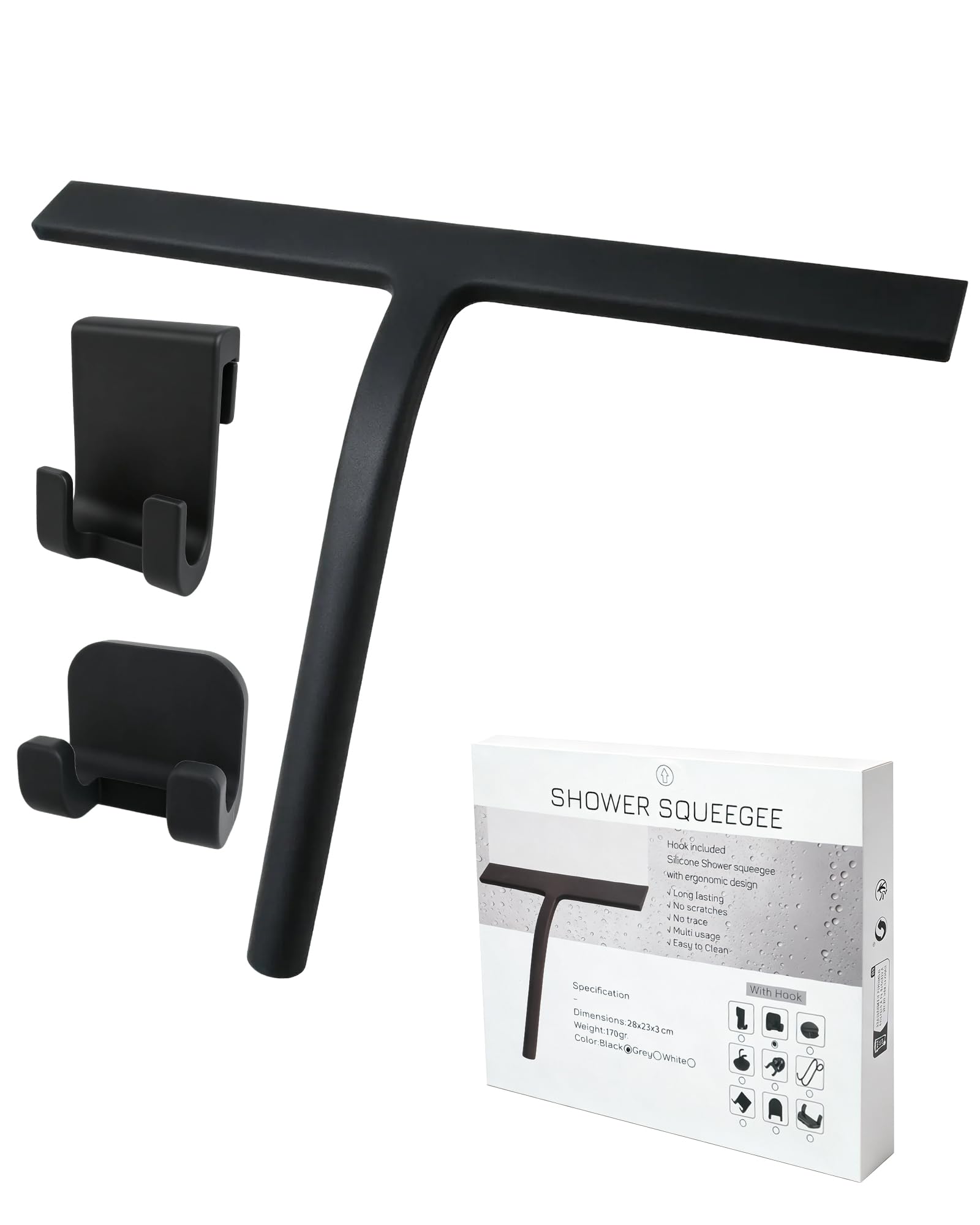 Acual Shower Squeegee,10 Inch Silicone Window Wiper with 2 Hooks