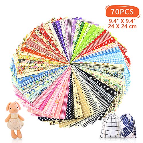 E-More 70 unidades por lote de tela de algodón con estampados florales para manualidades (9.4 x 9.4inch), diseños no repetidos, tela de costura para manualidades