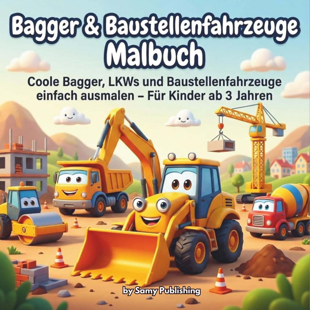 Bagger & Baustellenfahrzeuge Malbuch: Coole Bagger, LKWs und Baustellenfahrzeuge einfach ausmalen – Für Kinder ab 3 Jahren