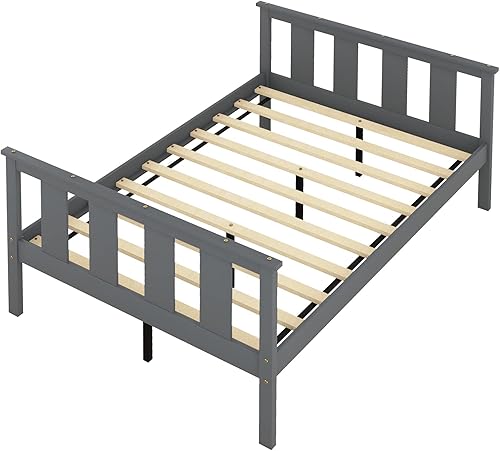 Miniatura 5 de Marco de cama tamaño matrimonial, cama de plataforma matrimonial de madera maciza con cabecera (tamaño matrimonial, gris)