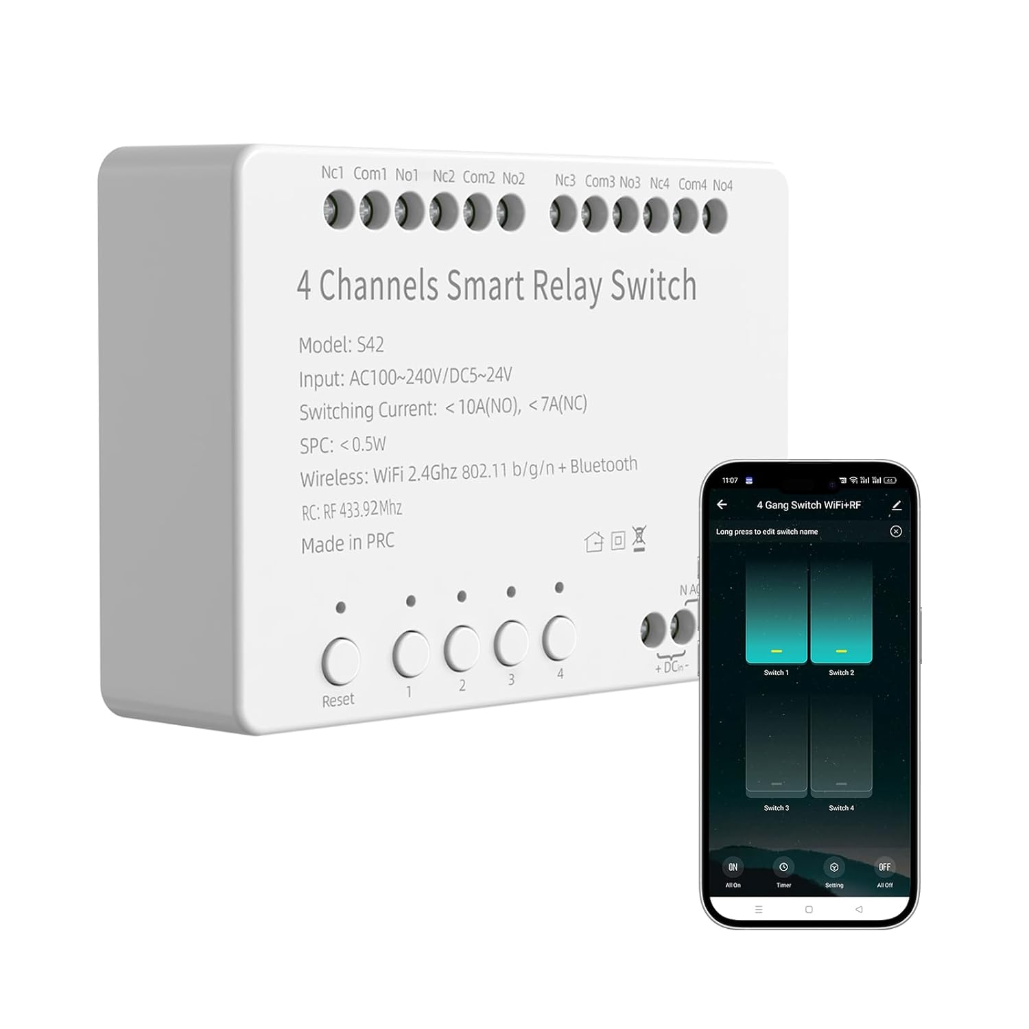 4 Channels Smart Relay Switch with Dry Contact, WiFi Bluetooth APP Control Module for Lights/Appliances, Voice Automation with Alexa & Google Home, 10A per Channel, AC110V/DC5V 12V 24V Compatible