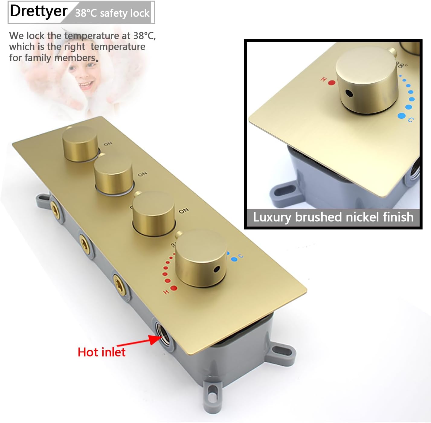 3 Function Push Button Thermostatic Shower Mixer Valve Brass Concealed Rough-In Diverter Control for Shower HeadBrushed Gold)