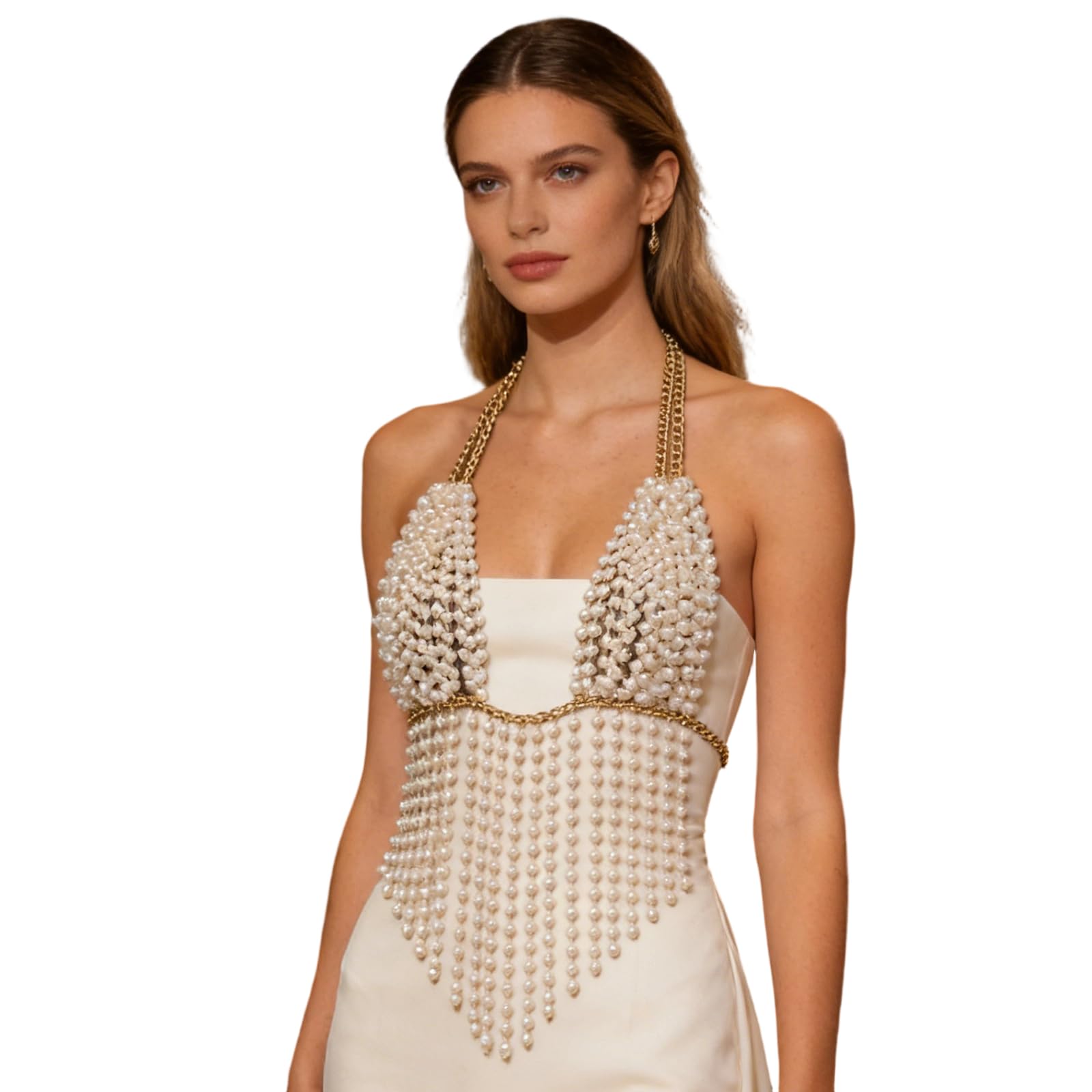 Cadena de pecho de perlas de imitación para mujer, cadena de cuerpo de resina, uso diario, boda, fiesta, sujetador, collar, accesorios de moda para mujer