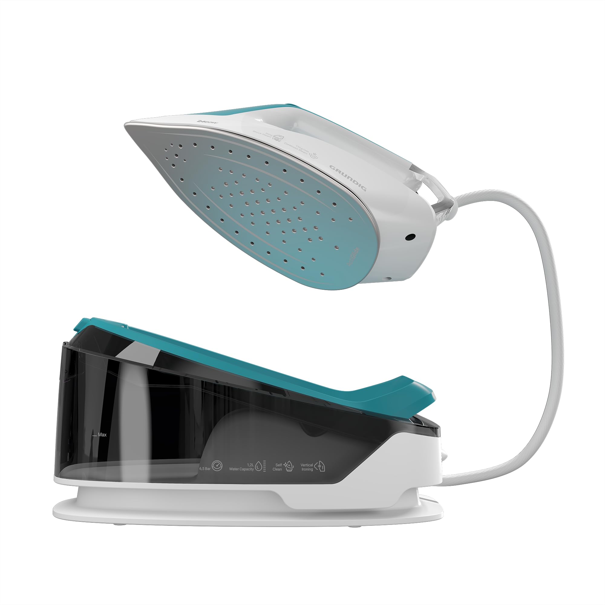 GRUNDIG Plancha de vapor SIS 6550 2400 W, 6,5 bar, vapor de 110 g/min y supervapor adicional de 360 g/min, suela de cerámica, autolimpieza y depósito de agua de 1,2 l, calentamiento rápido, blanco