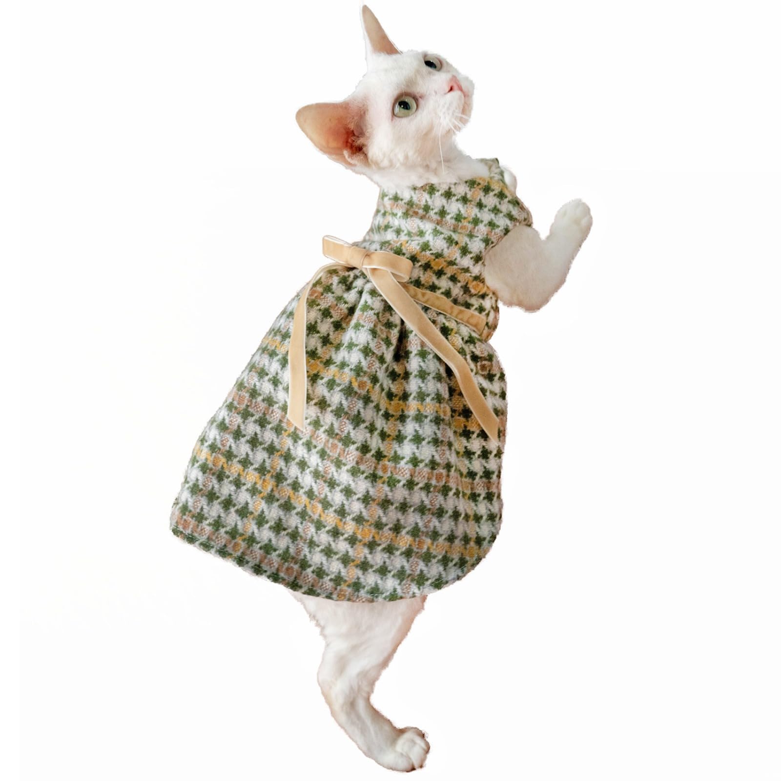 OMEM Vestido de gato de pata de gallo con lazo, ropa de gato con forro de algodón suave para gatos sin pelo Sphynx, elegante traje de invierno para gatos pequeños a grandes, M a XXXL (XL+)