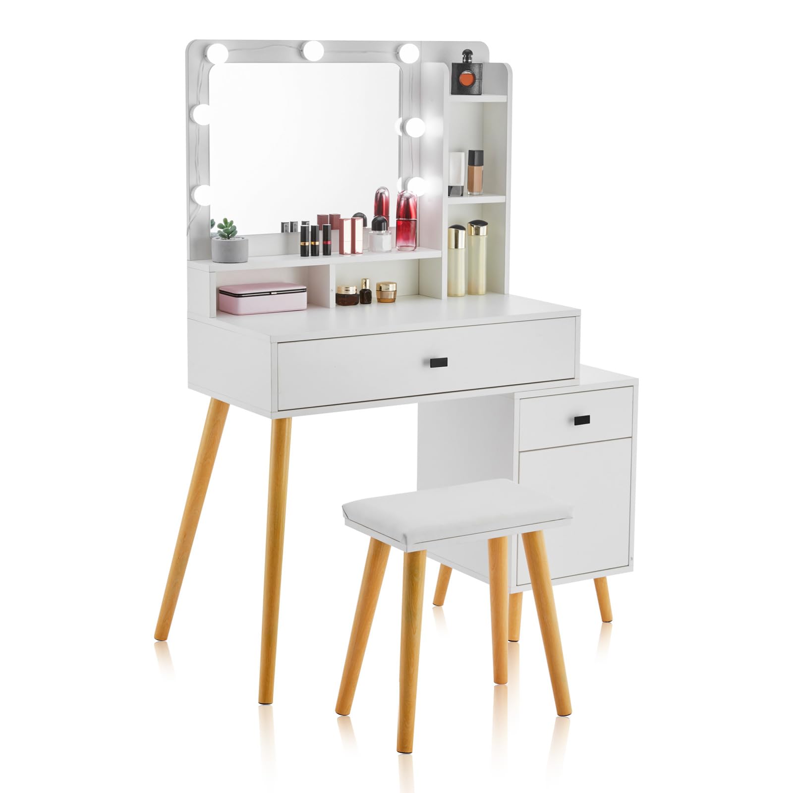 CLIPOP Schminktisch mit Hollywood LED Spiegel,Licht Verstellbare Helligkeit,Frisiertisch Gepolsterter Hocker Set Weiß,Kosmetiktisch aus Holz mit Schublade und Aufbewahrungsschrank