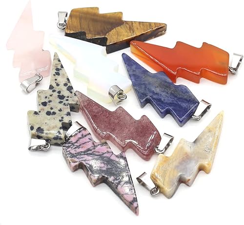 Vista 2 de LHJ 5 colgantes de piedra natural con forma de relámpago, piedra de ágata de cristal de chakra, para hacer joyas, collar, amuleto, Piedra Ágata