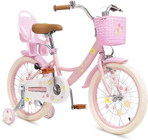 Bicicleta para niñas con cesta para niños pequeños y niños de 3 a 14 años, 14, 16, 18 pulgadas, con ruedas de entrenamiento y asiento de muñeca, 20