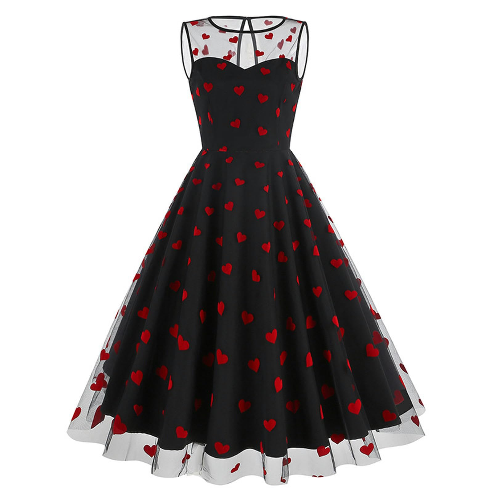 Robe rétro européenne et américaine à col Rond sans Manches pour la Saint-Valentin en Maille brodée de Cerises-Noir Cerise-M