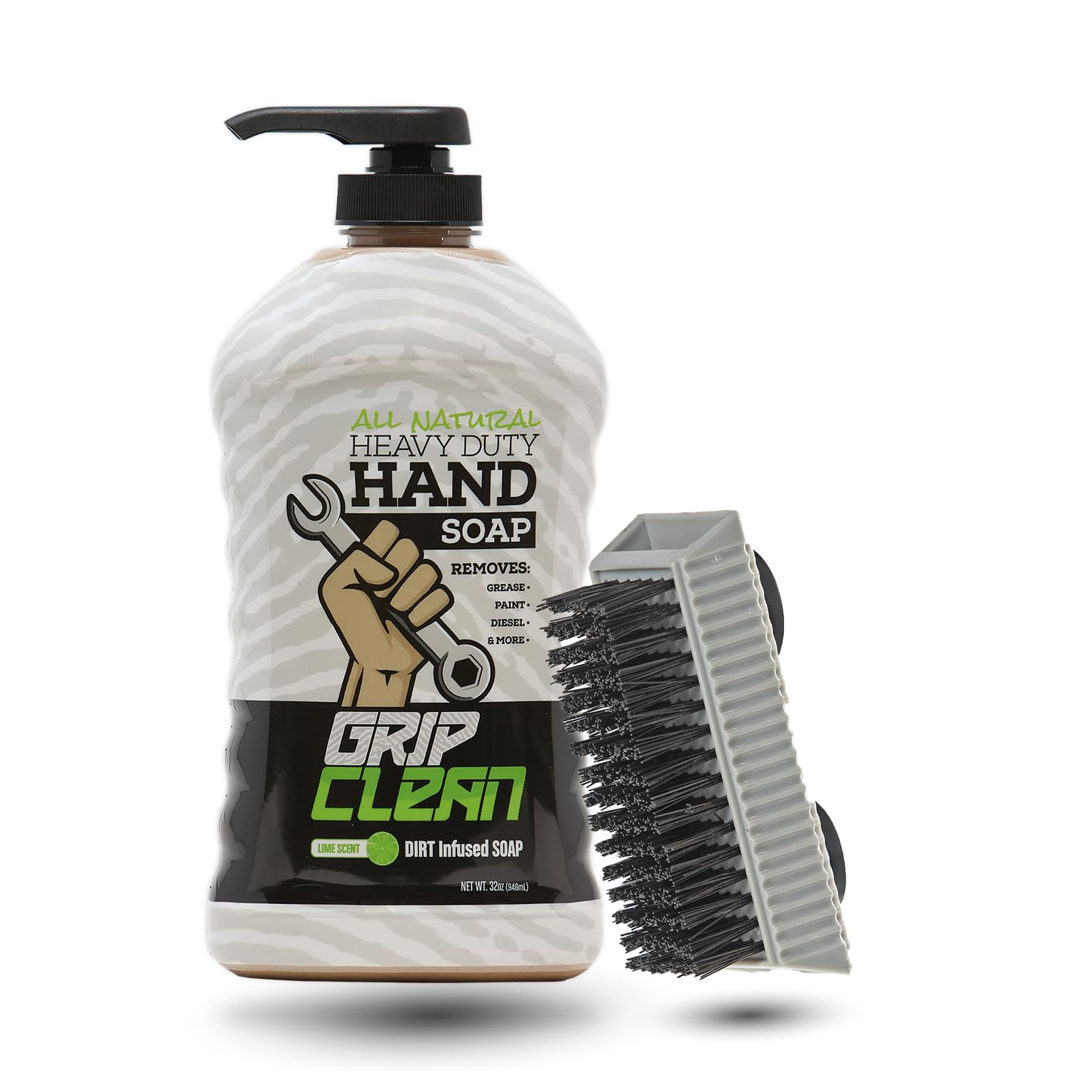 Grip Clean Hand Cleaner for Auto Mechanics, Heavy Duty Pumice Soap & Fingernail Brush, Tool Shop, Garage, Commercial, All Natural, Men, Women, Grit Cleansing, Sensitive Skin - 32oz Pump Top & Brush