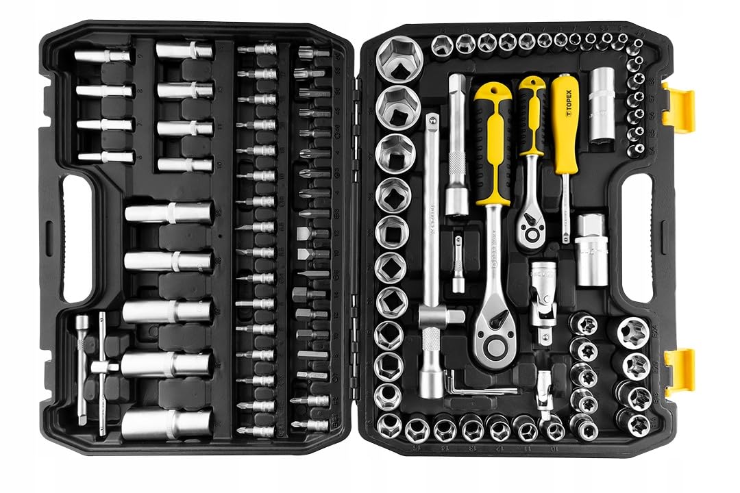 TOPEX Zestaw narzędzi 110-częściowy zestaw kluczy nasadowych 1/2" 1/4", zestaw narzędzi ze stali CrV, mechanizm zapadkowy z 72 zębami, trwałe narzędzie dla profesjonalistów i majsterkowiczów