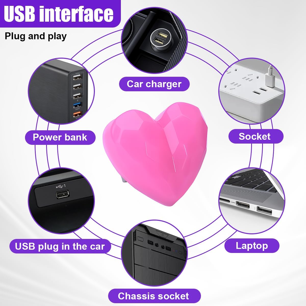 USB LED Car Interior Atmosphere Lamp, Heart Shape Mini Ambient Light, Plug-in USB Portable Automotive Night Lights, Universal Decorative Lamp Accessory for Cars Bedroom Hallway (Pink)