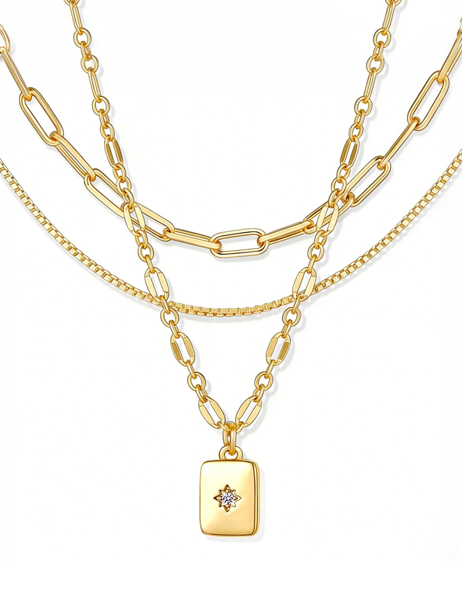 YEEZII Layered Gold Necklaces for Women Trendy, 14K Gold Plated Choker Paperclip Box Chain Necklace, Stackable Women's Gold Pendant Necklaces Jewelry Set