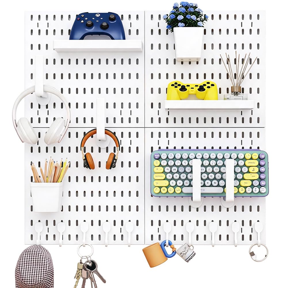 Lot de 4 tableaux perforés (30 x 30 cm) + 20 accessoires pour le rangement de la pièce, la décoration et l'organisation, installation facile et combinaison libre