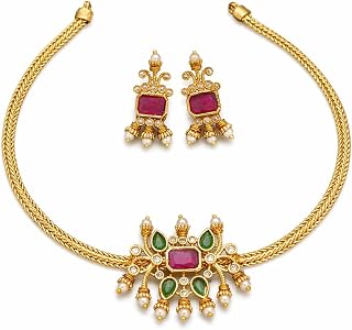 ROFARWORD Traditional Gold Plated Antique Choker Necklace Set for Women | Ethnic Kundan Style Ruby & Emerald Stone Studded... Price In India