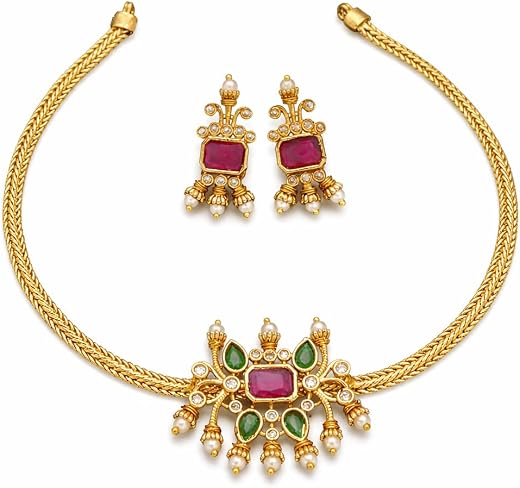 ROFARWORD Traditional Gold Plated Antique Choker Necklace Set for Women | Ethnic Kundan Style Ruby &amp; Emerald Stone Studded...