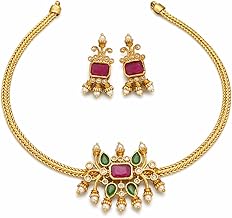 Traditional Gold Plated Antique Choker Necklace Set for Women | Ethnic Kundan Style Ruby & Emerald Stone Studded Jewelry with Pearl Droplets | Festive