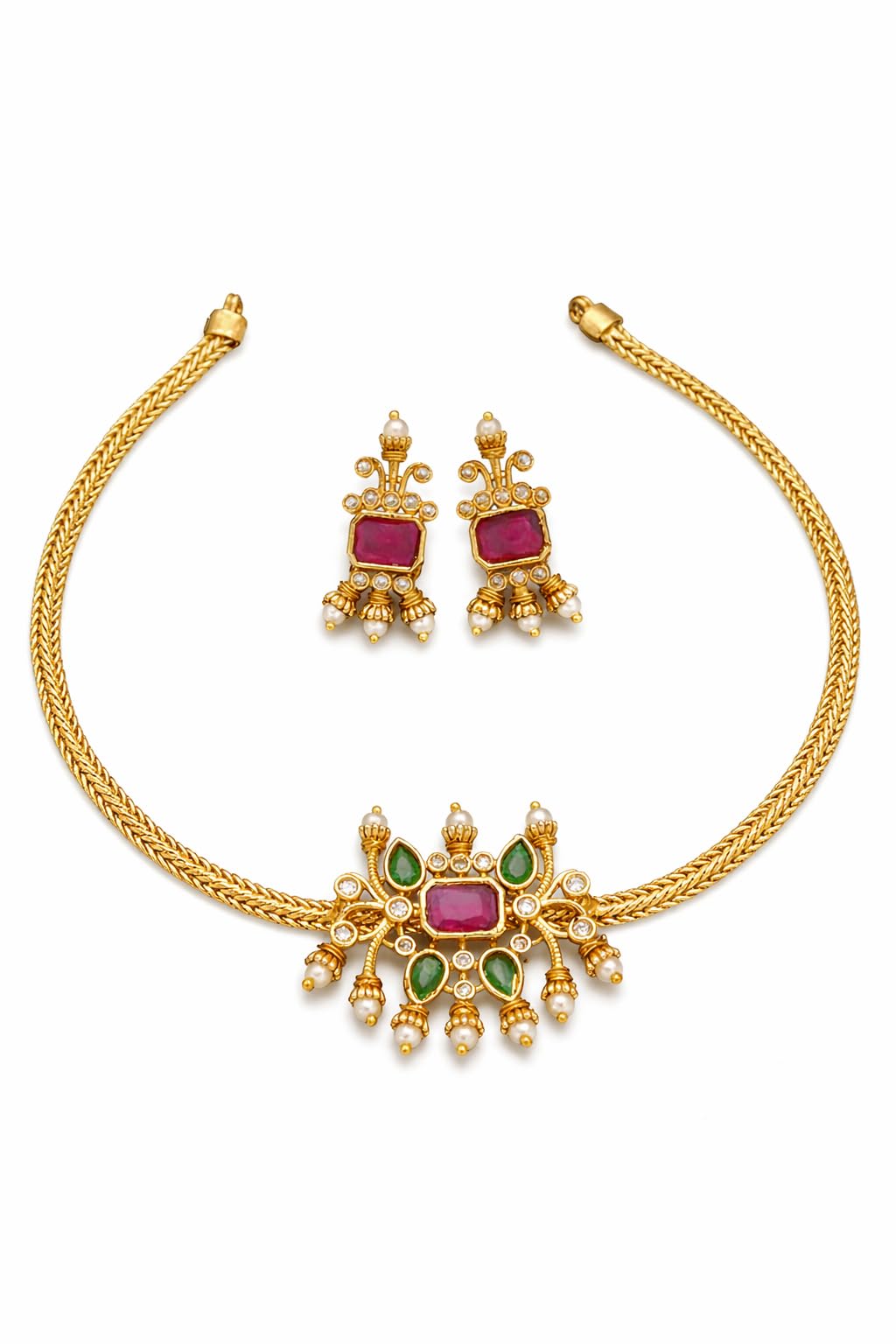 rofarword Traditional Gold Plated Antique Choker Necklace Set for Women | Ethnic Kundan Style Ruby & Emerald Stone Studded Jewelry with Pearl Droplets | Festive-picture-33
