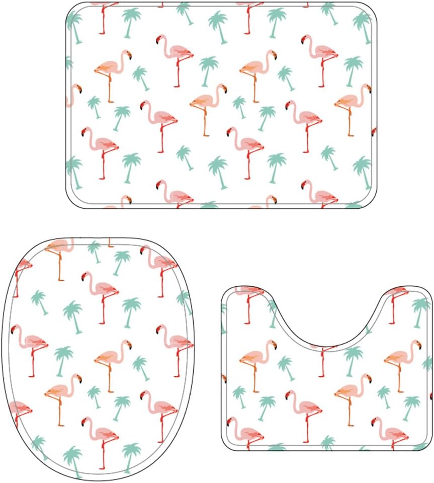 Etype Soft Flannel Bathroom Rug Set Non-Slip Bath Mat Contour Rug Toilet Lid Cover Flamingo and Coconut Palm White