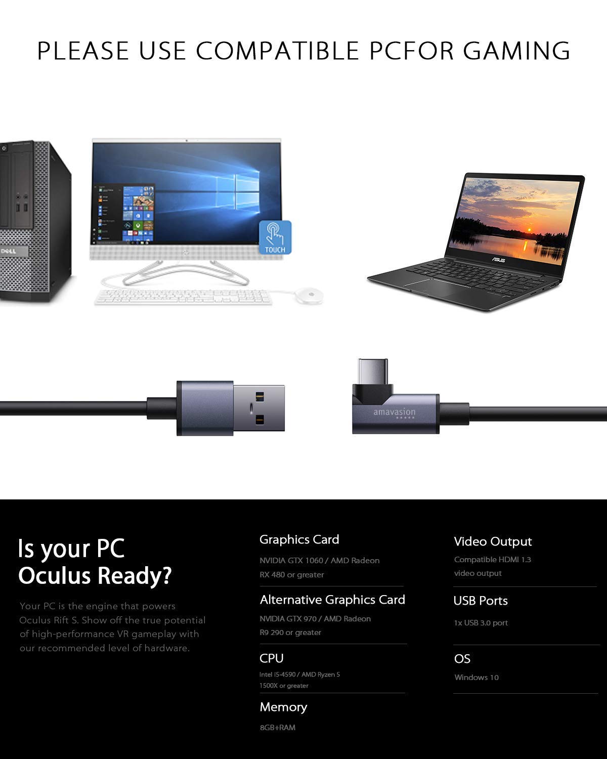 Oculus Link Cable 16FT/5M, Amavasion USB 3.1 to USBC 5Gbps High Speed