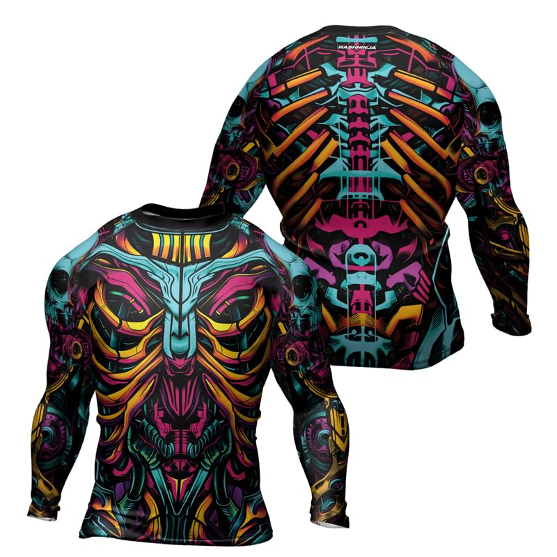 Men’s Long Sleeve Rash Guard Cyber Biomechanic Compression Fit Shirt for MMA BJJ Jiu Jitsu Grappling Combat Sports