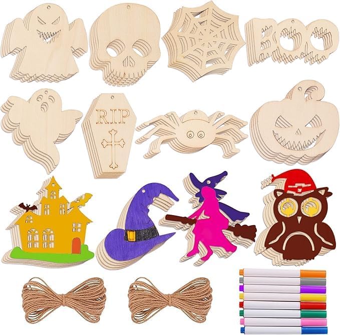 Max Fun 60PCS Halloween Crafts Painting Wooden Slices Cutouts Ornaments DIY | Unfinished Pre-drilled Natural Wood for Kids Halloween Hanging Decorations