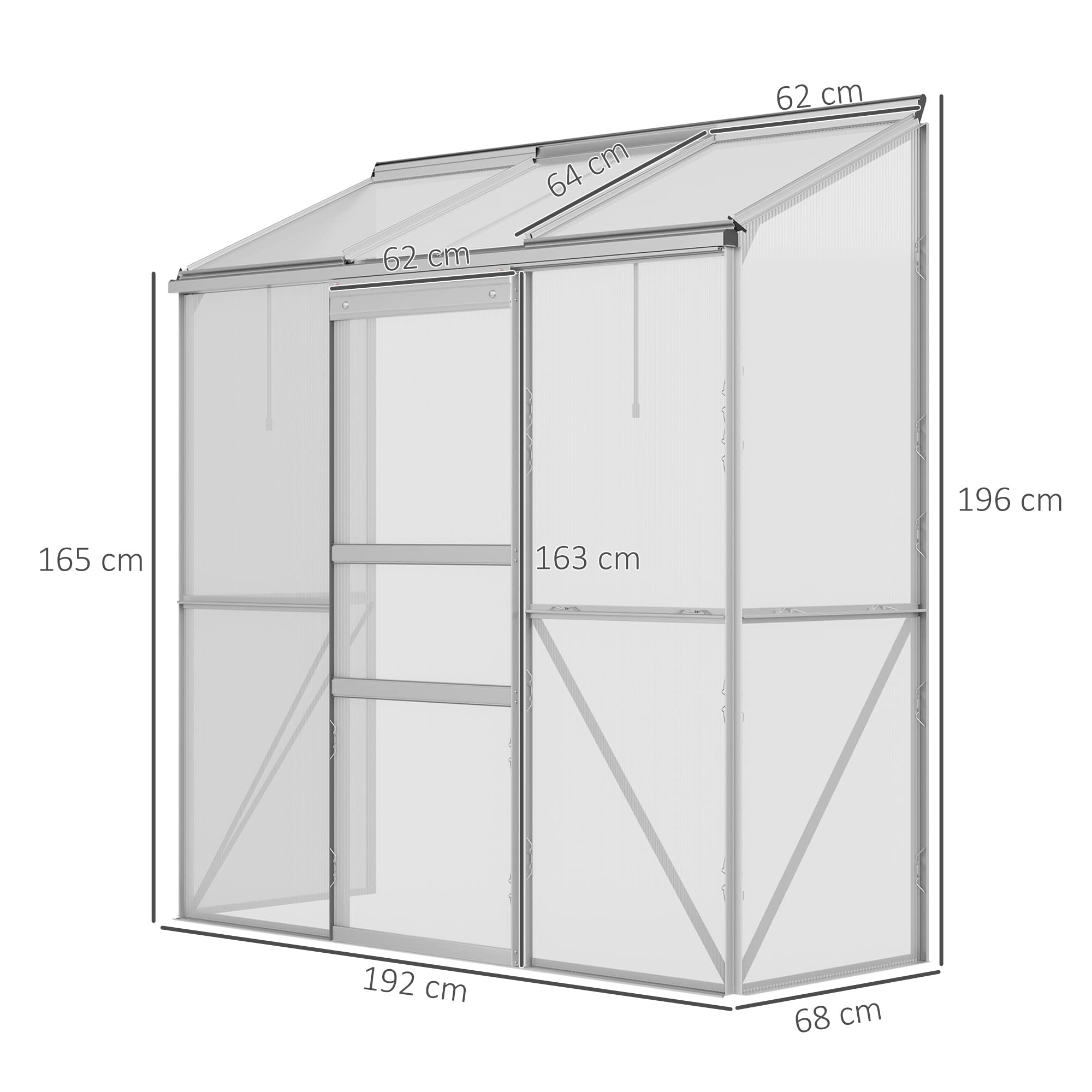Outsunny Szklarnia z drzwiami przesuwnymi, otwierane okno dachowe, domek na pomidory, domek dla roślin do ogrodu, z poliwęglanu i aluminium, kolor srebrny, 192 x 68 x 196 cm