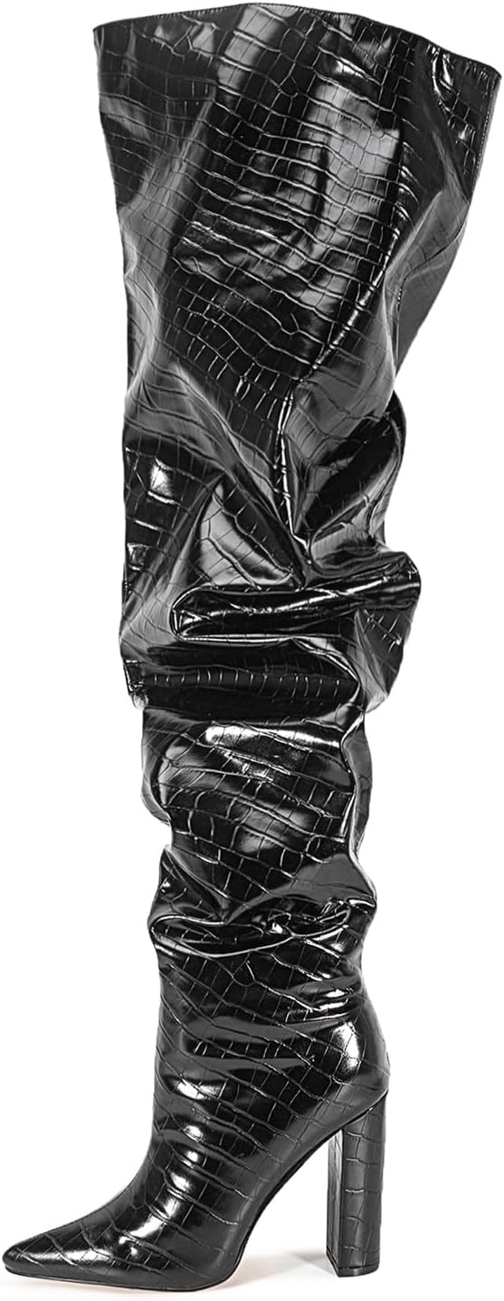 Extra wide calf Thigh high boots Slouchy Ruched Chunky heels Pointed toe Black Over the knee boots Slip on Sexy Super high heel oversize high thigh boots
