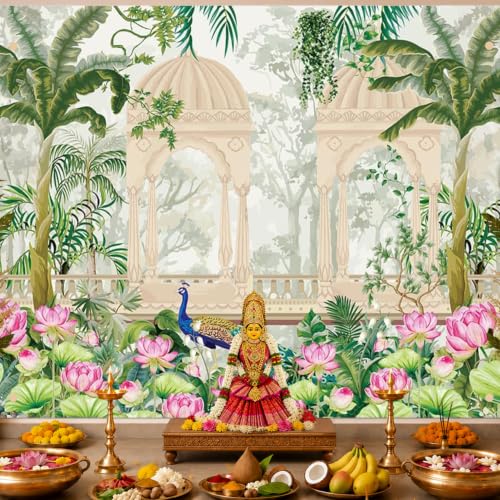 Image of Party Propz Pichwai Backdrop Cloth For Decoration Pooja -1Pc 8ft*5ft Ganpati Decoration Setup For Home, Varamahalakshmi Decorative Items, Krishna Janmashtami Set, Haldi Decor, Annaprasana Decor(Cloth)