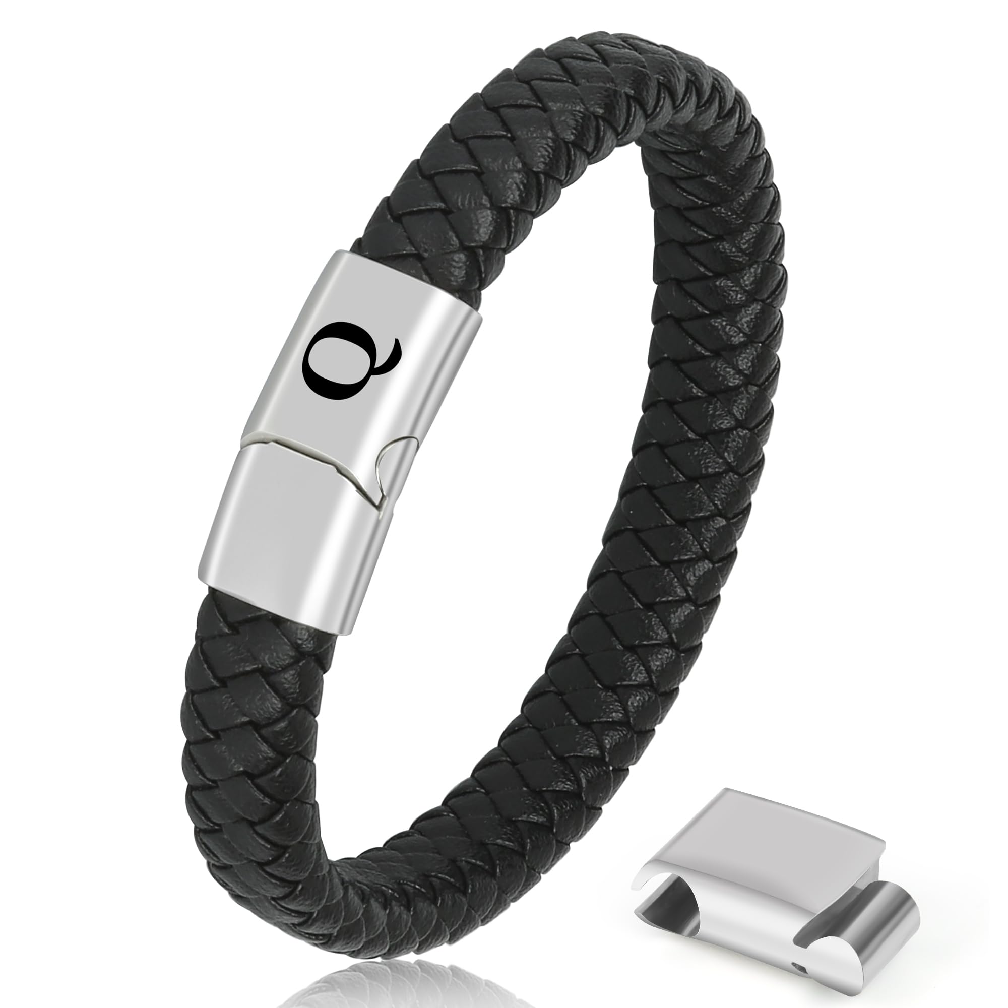 Aospkle Initial Letter Leather Bracelet for Men, Black Alphabet Leather Bracelet with Clasp, Jewelry Gifts for Dad Husband Brother Boyfriend Son