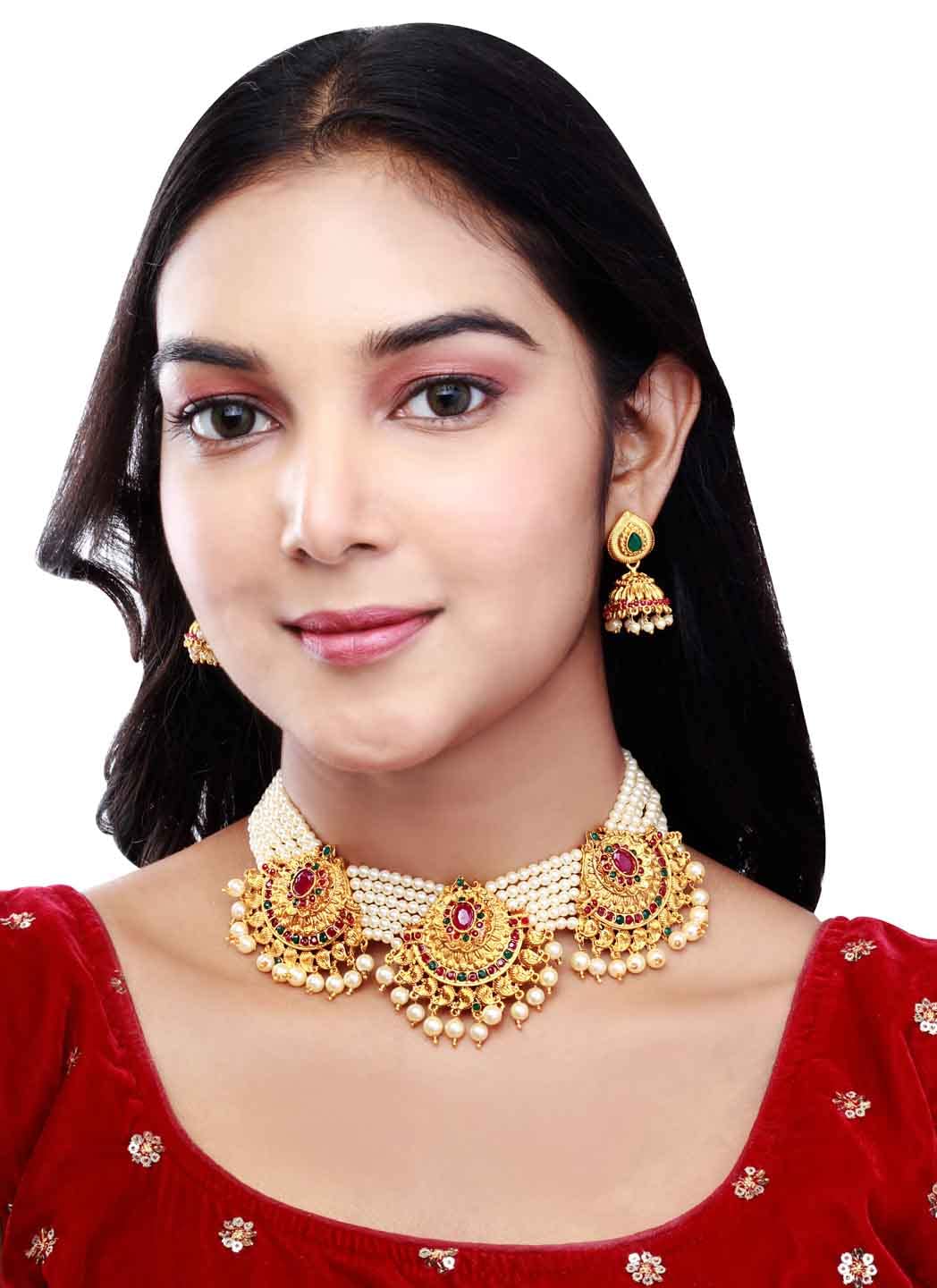 Samyuktha Najnowszy antyczny matowy złoty wykończenie wspaniały naszyjnik choker zestaw dla stylowego wyglądu dla kobiet i dziewcząt, metal, bez kamienia szlachetnego, Metal, Bez kamieni szlachetnych