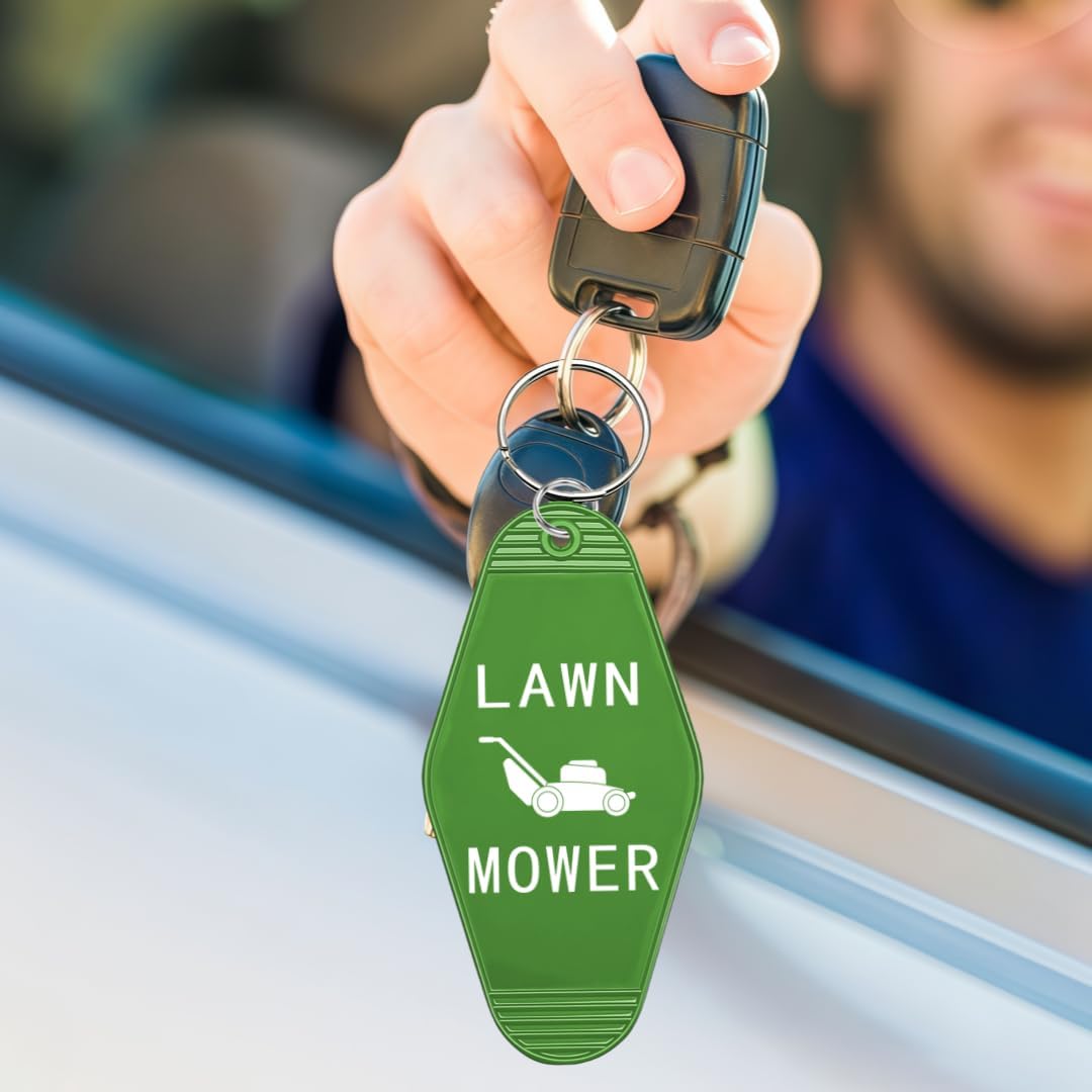 Lawn Mower Keychain Key Tag Key Ring, Green Nostalgic Retro Motel Hotel Style Keyring for Lawn Mower Owner Gardener Yard Worker Man Woman Garden Lovers