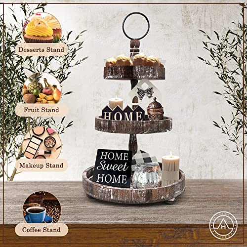 Aonehome Adjustable 3 Tiered Tray Stand With 3 Pcs Farmhouse Wooden Tray Decor – Decorative Tray Kitchen Bathroom Home Decor - 3 Tier Tray - Brown Three Tiered Tray #TOP3