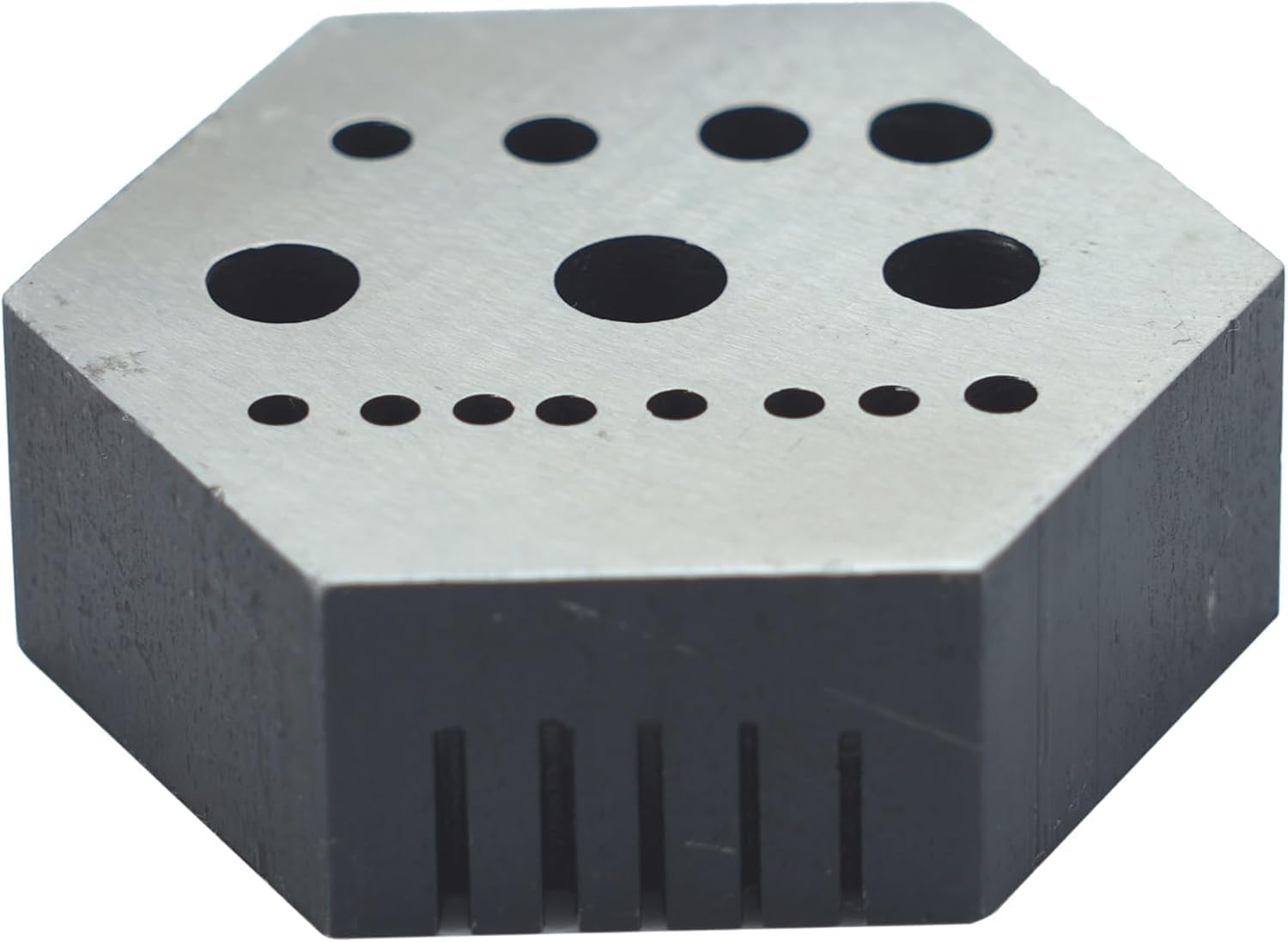 PRESIZE Hexagonal Steel Riveting Anvil Block 17mm Thick Multi-Functional Bench Tool for Drilling, Riveting, Jewelry Making, and Watch Repair Hardened Steel Block with 15 Holes and 5 Slots