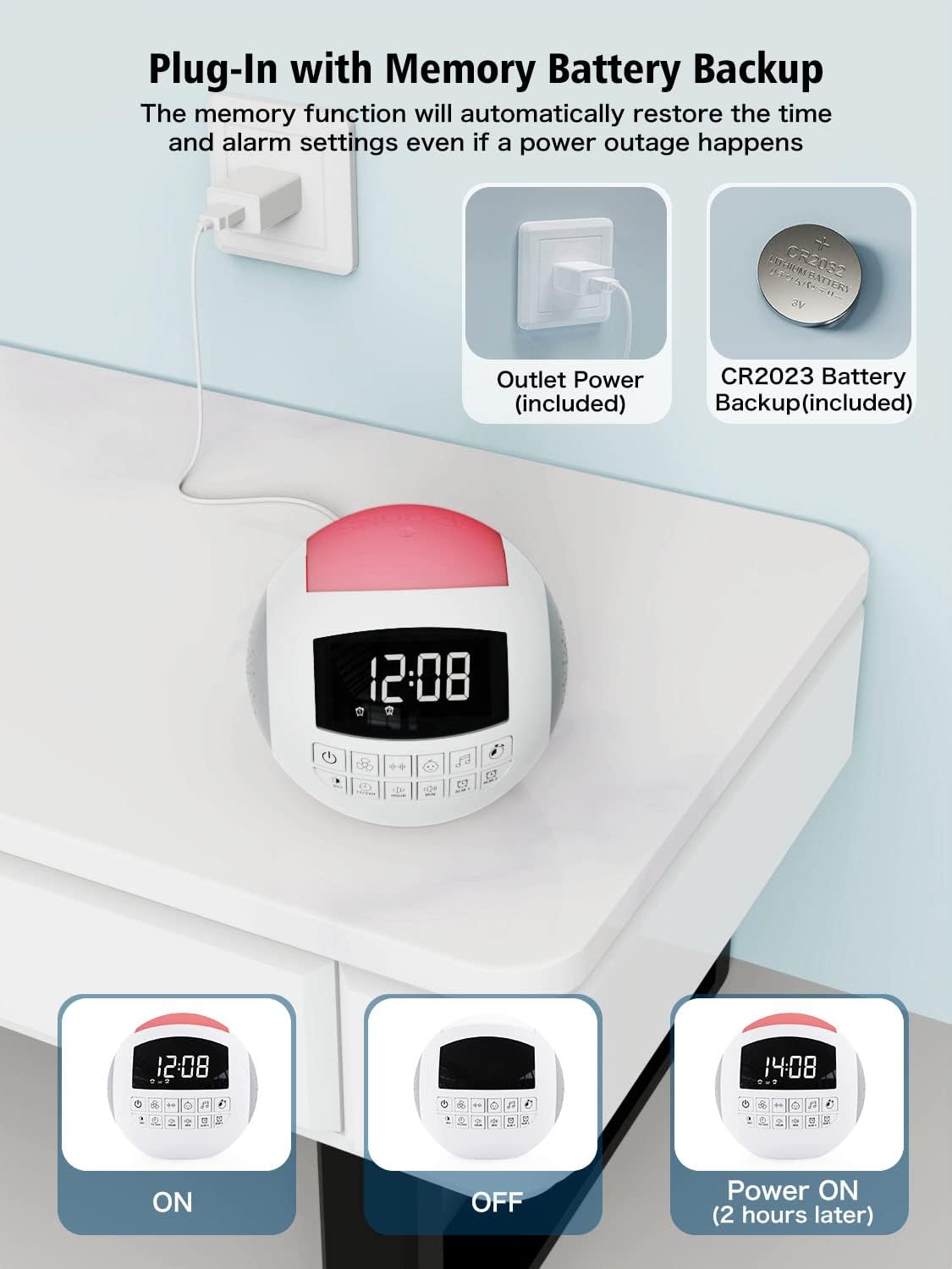 PPLEE Sound Noise Machine connected to a wall outlet with battery backup details.