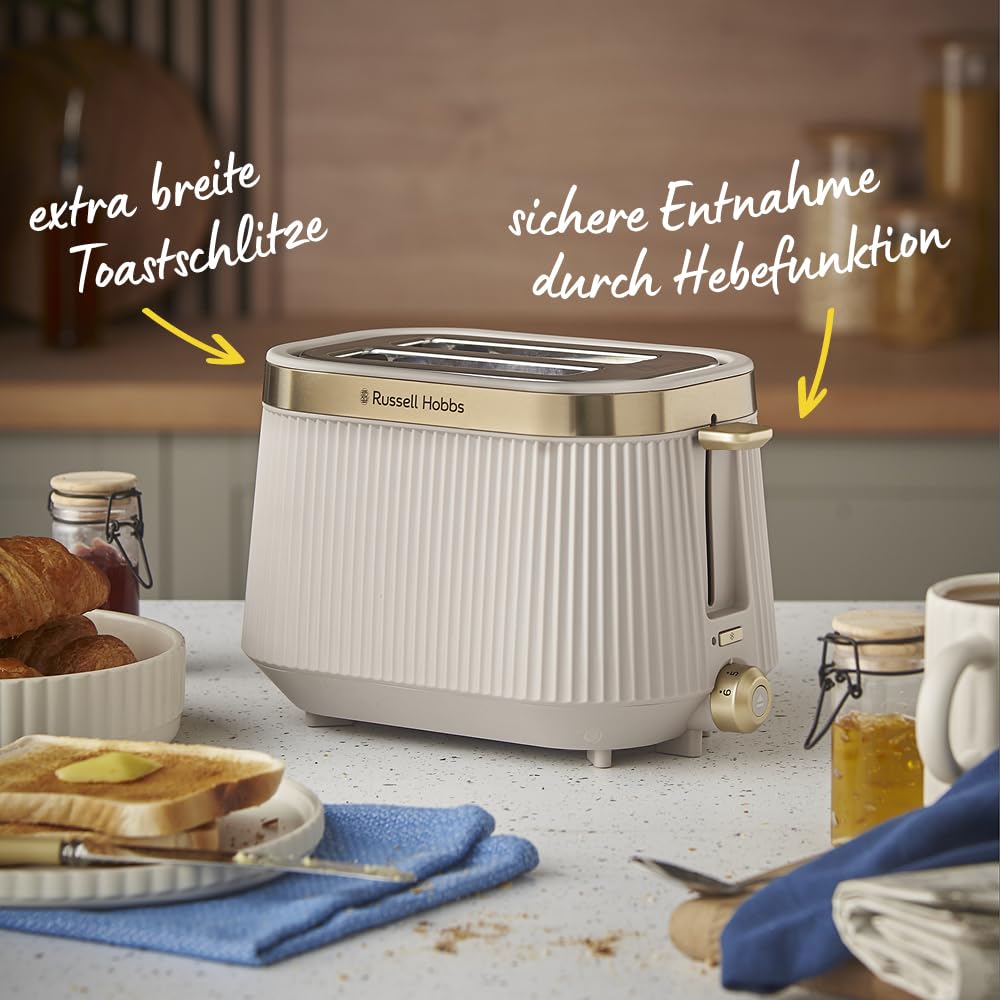 Russell Hobbs Toaster [für 2 Scheiben] Brontë Stone (6 Bräunungsstufen, Mattes Finish, Goldakzente, Lift & Look, Auftaufunktion, Aufwärmfunktion, Stop- & Hebefunktion, Brötchenaufsatz) 26761-56