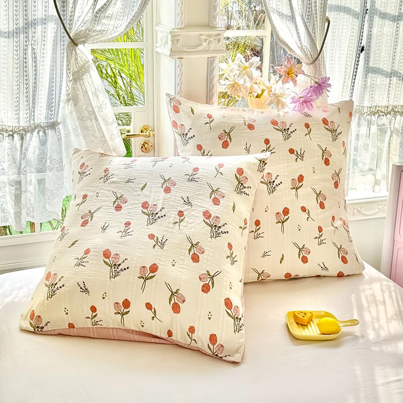Joanna&Seasons-Housse de Couette 240x220 Fleurs Tulipe Beige,Vintage Parure de Lit Adult Motif Floral et Seersucker- Linge de Lit 2 Personnes en Microfibre avec Taies d'oreiller 65x65 cm