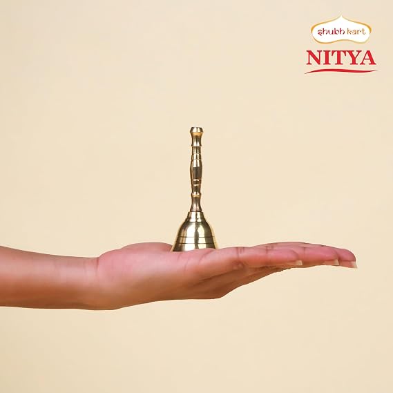 Shubhkart Solid Brass Ghanti for Pooja | 3.5 Inches Puja Bell for Temple | Hand Held Bell for Events Decoration, Food Line, Alarm, Jingles, Ringing and Service Bell (Small)