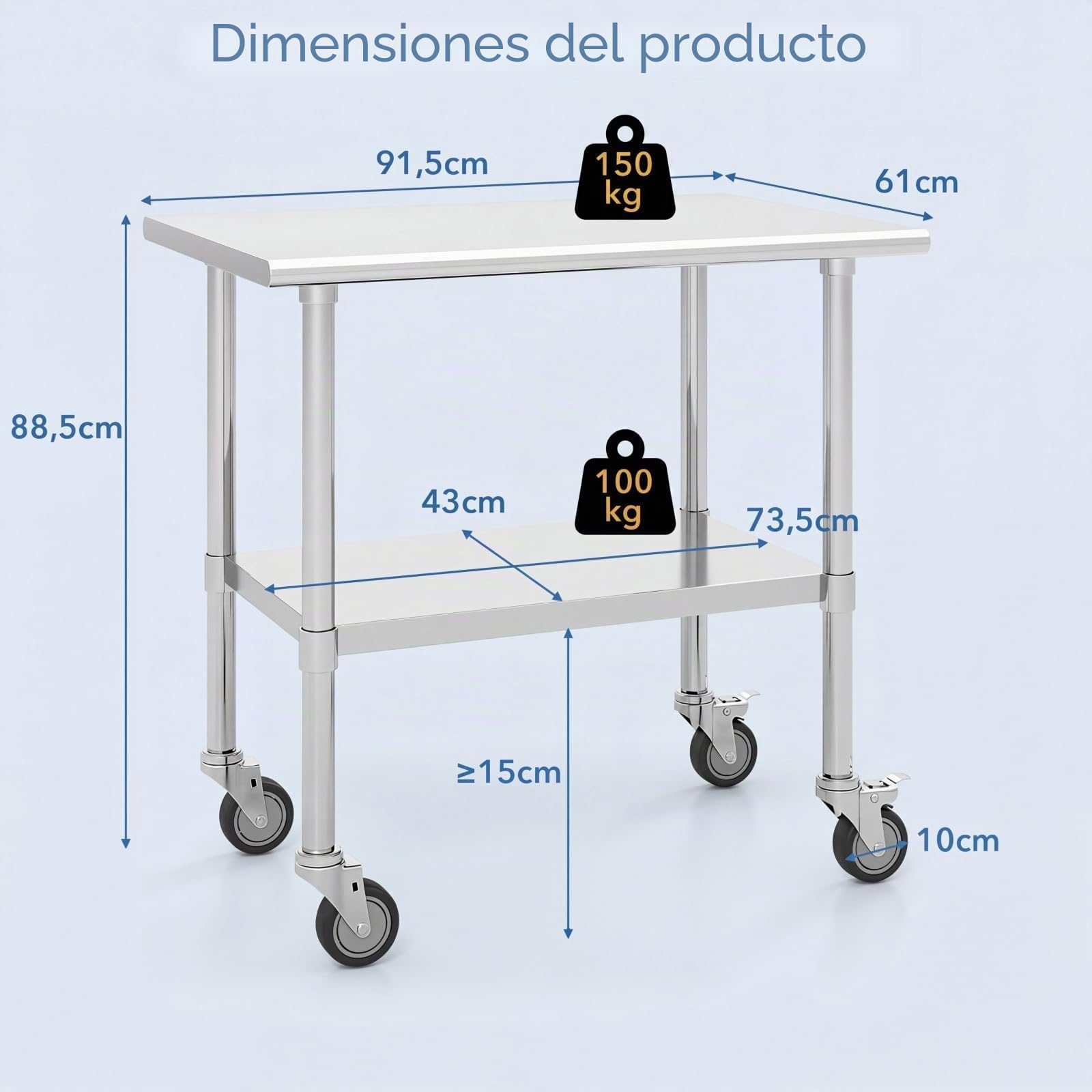 GIANTEX Carro de Acero Inoxidable de Doble Capa, Carrito de Sevicio para la Cocina con 2 Niveles, Puede Cargar 150 kg, Utilizar en Cocina, Comedor o Almacén, 91,5 x 61 x 88,5 cm