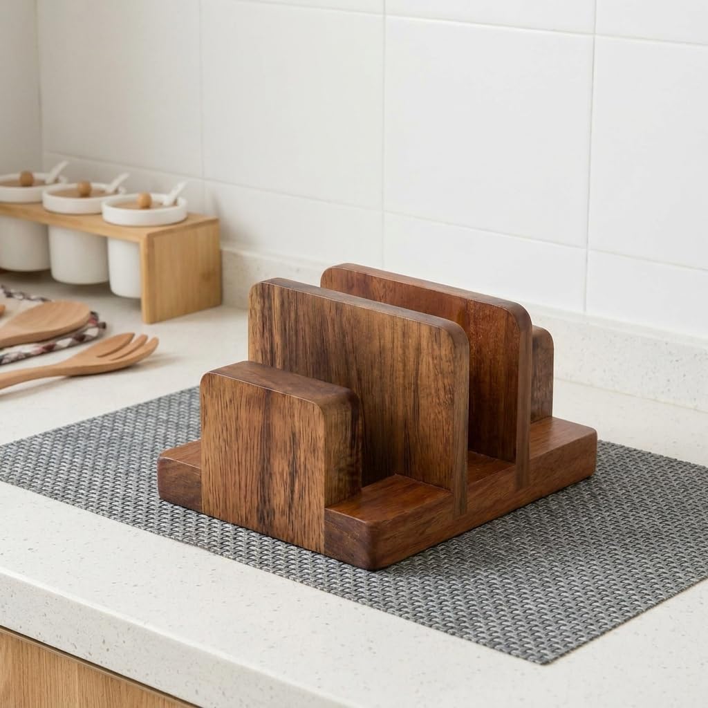 ZUJJAFY Cutting Board Holder, Acacia Wood Cutting Board Organizer for Cabinet, 3 Slot Chopping Board Stand for Countertop