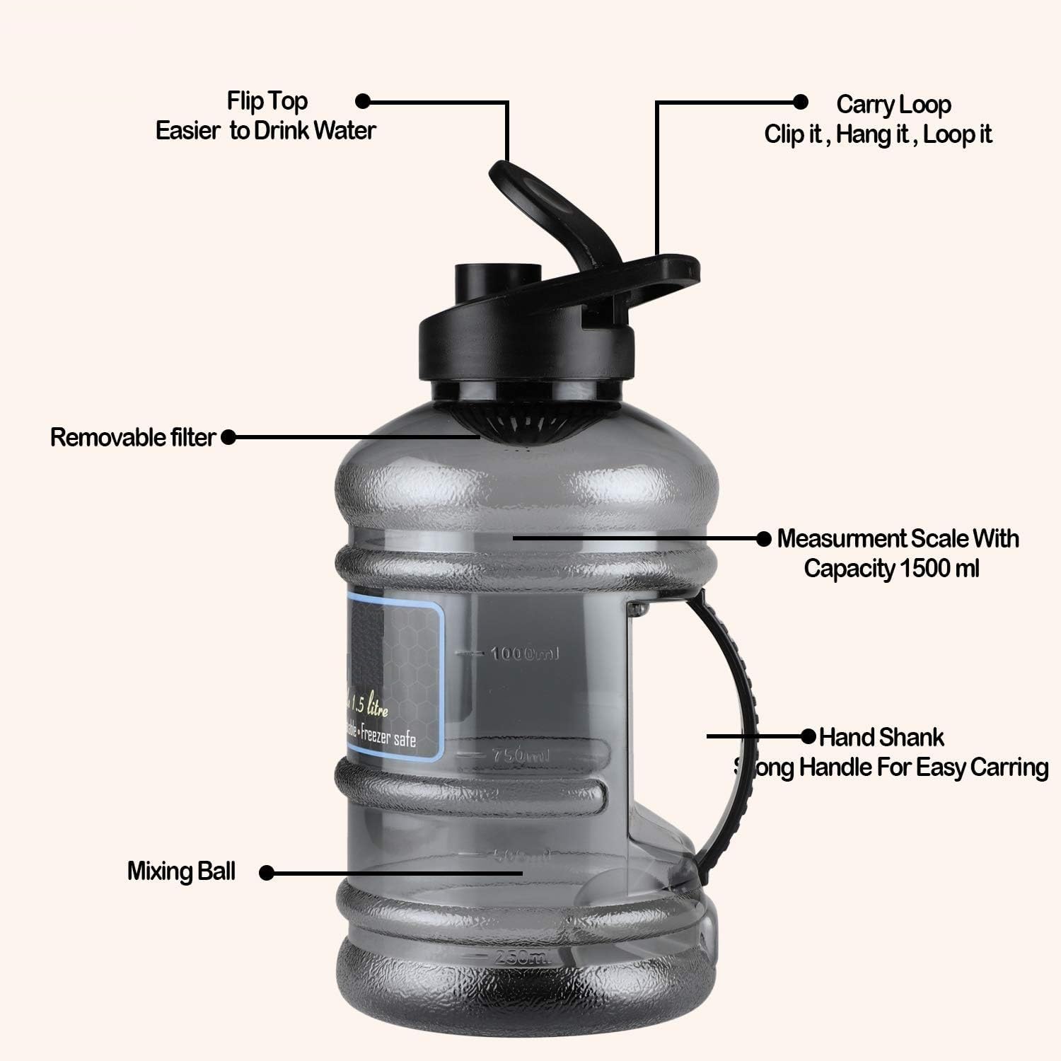 Spancare Gallon Protein Shaker Bottle 1.5 Liter (Black/Silver) (1)