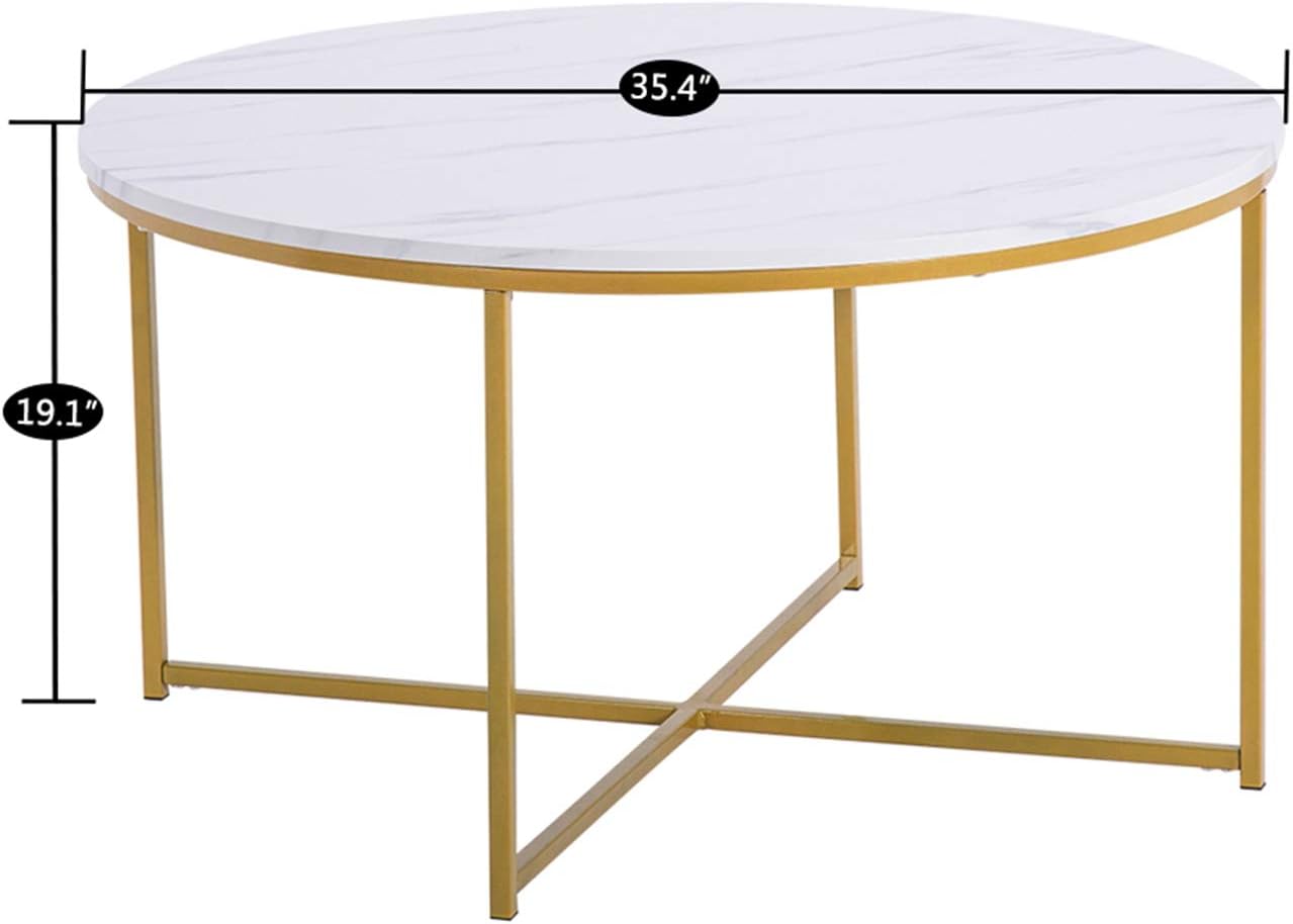 35" Faux Marble Modern Round Coffee Table with Metal Frame for Living Room