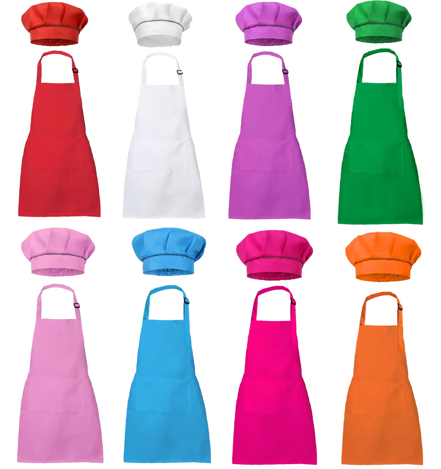 XIEJINJIA 8 Set Kids Apron and Chef Hat Child Waterproof Aprons Adjustable with 2 Pockets for Boys Girls Cooking Classroom Baking Painting
