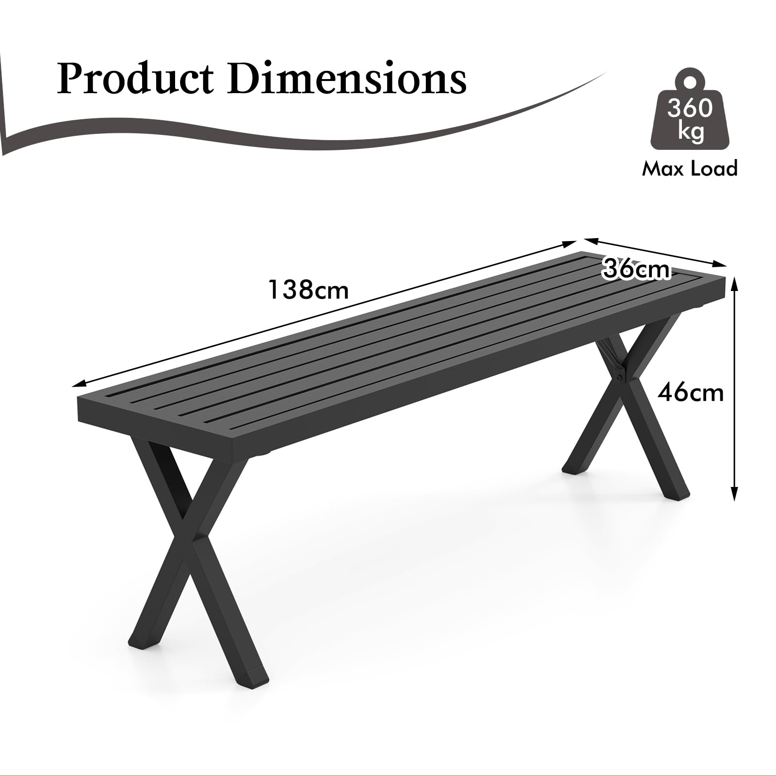 KOMFOTTEU Panchina da Esterno in Metallo 2 Posti Resistente alle Intemperie | Panca da Giardino comoda per Veranda, Cortile, Prato, con Capacità 360 kg, 138 x 36 x 46 cm, Nero