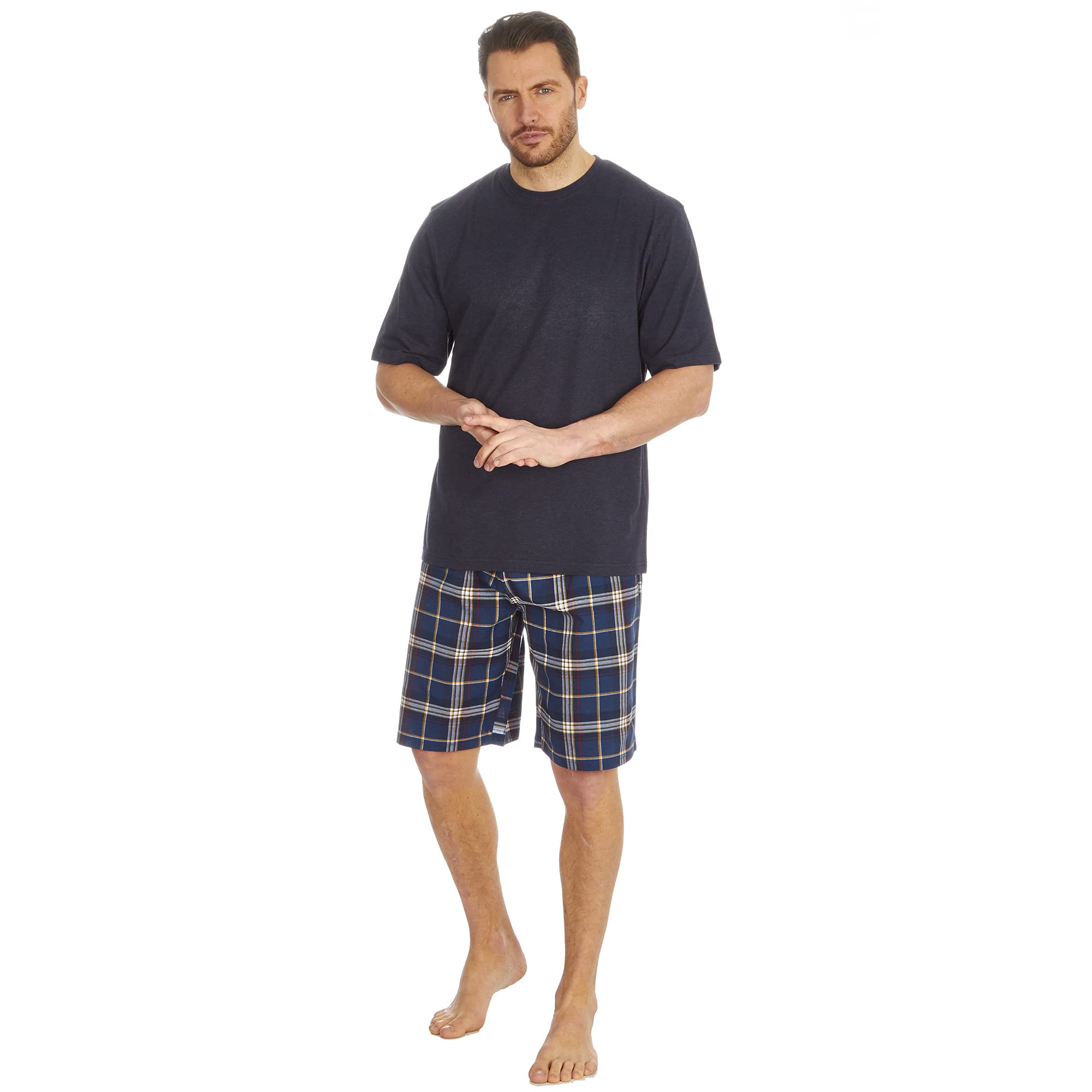 Metzuyan Men's Navy Check Pyjama Set Short Sleeved T-Shirt Short Bottoms Loungewear M