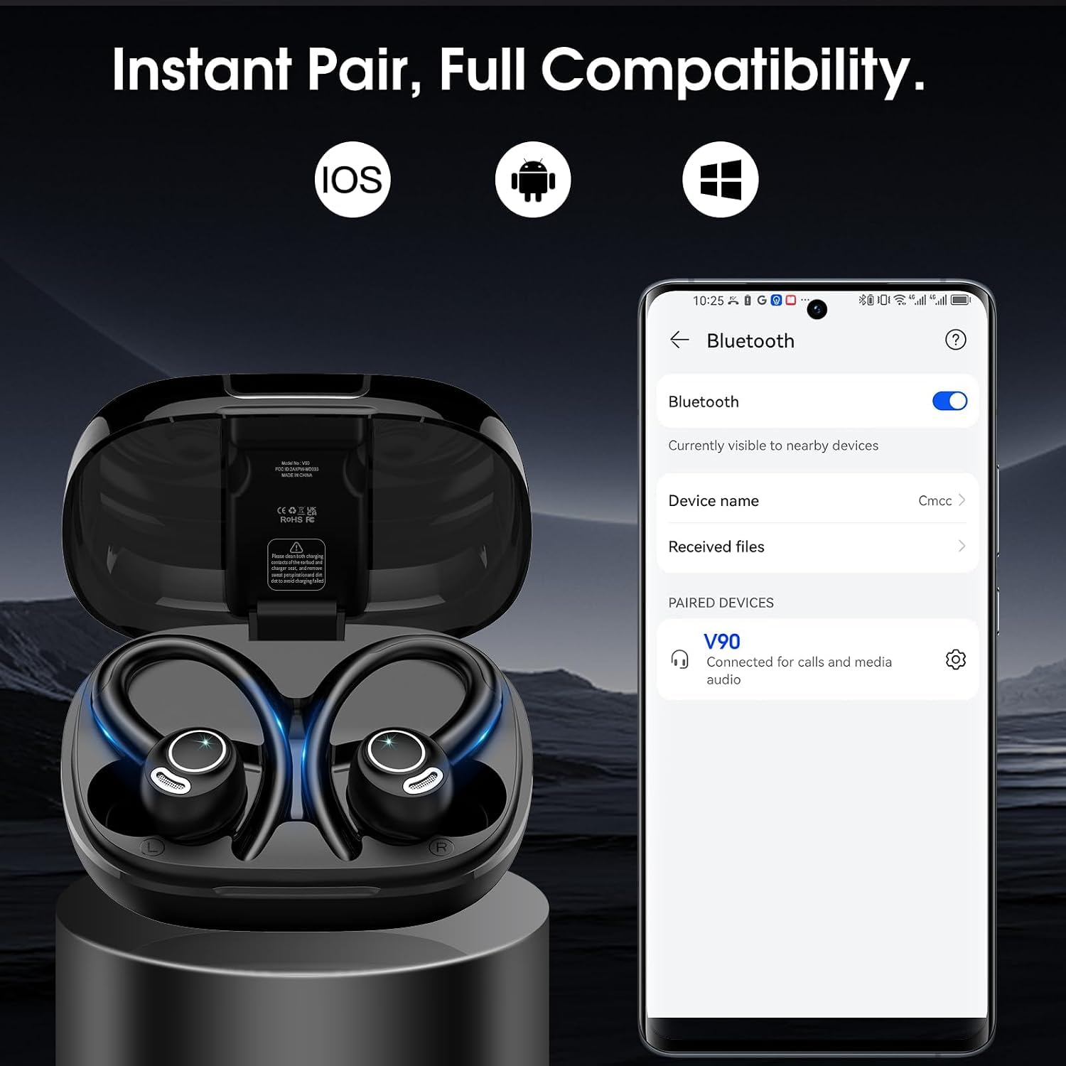 Csasan Auriculares inalámbricos Deportivos, Cascos Sonido Premium Negro | 48H Bluetooth 5.3 Auriculares con HD Micrófono y Pantalla LED, Diseño de Gancho de Aire, iOS Android para Deportes/Fitness