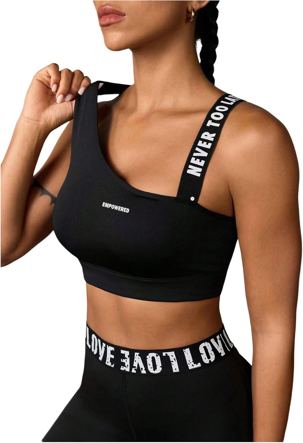 OYOANGLE Women's Letter Print Sports Bra Asymmetrical Neck Cut Out Medium Support Workout Yoga Bras